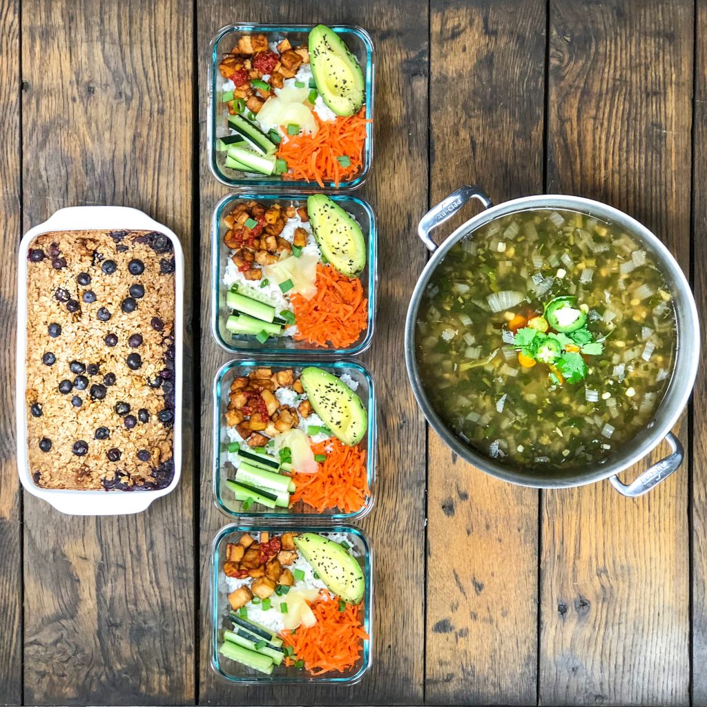 vegan meal prep monday blueberry baked oatmeal dynamite sushi bowls and posole verde soup