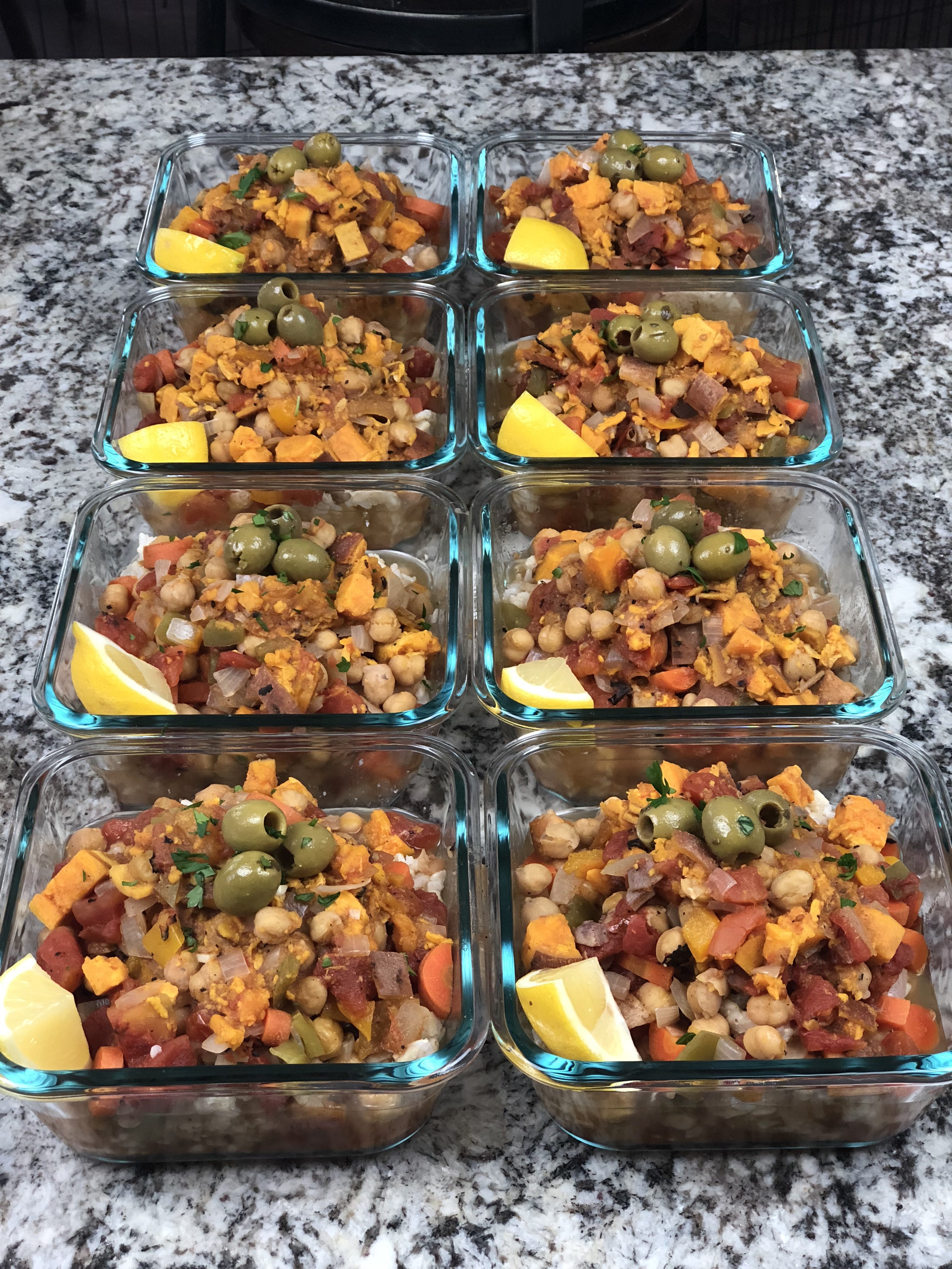 moroccan stew over brown rice meal prep in meal prep containers