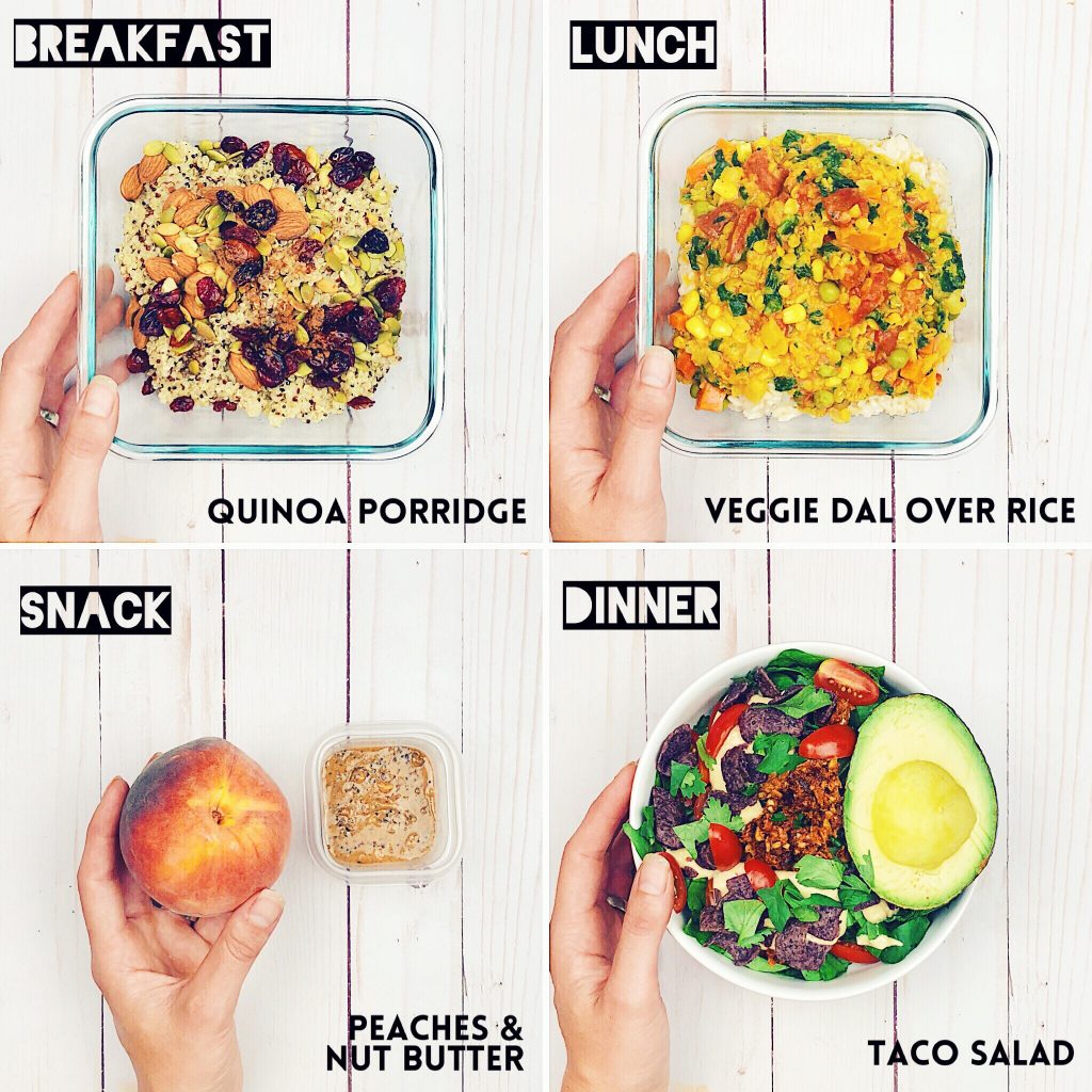 vegan meal prep collage featuring quinoa porridge, veggie dal, peaches and nut butter, and taco salad