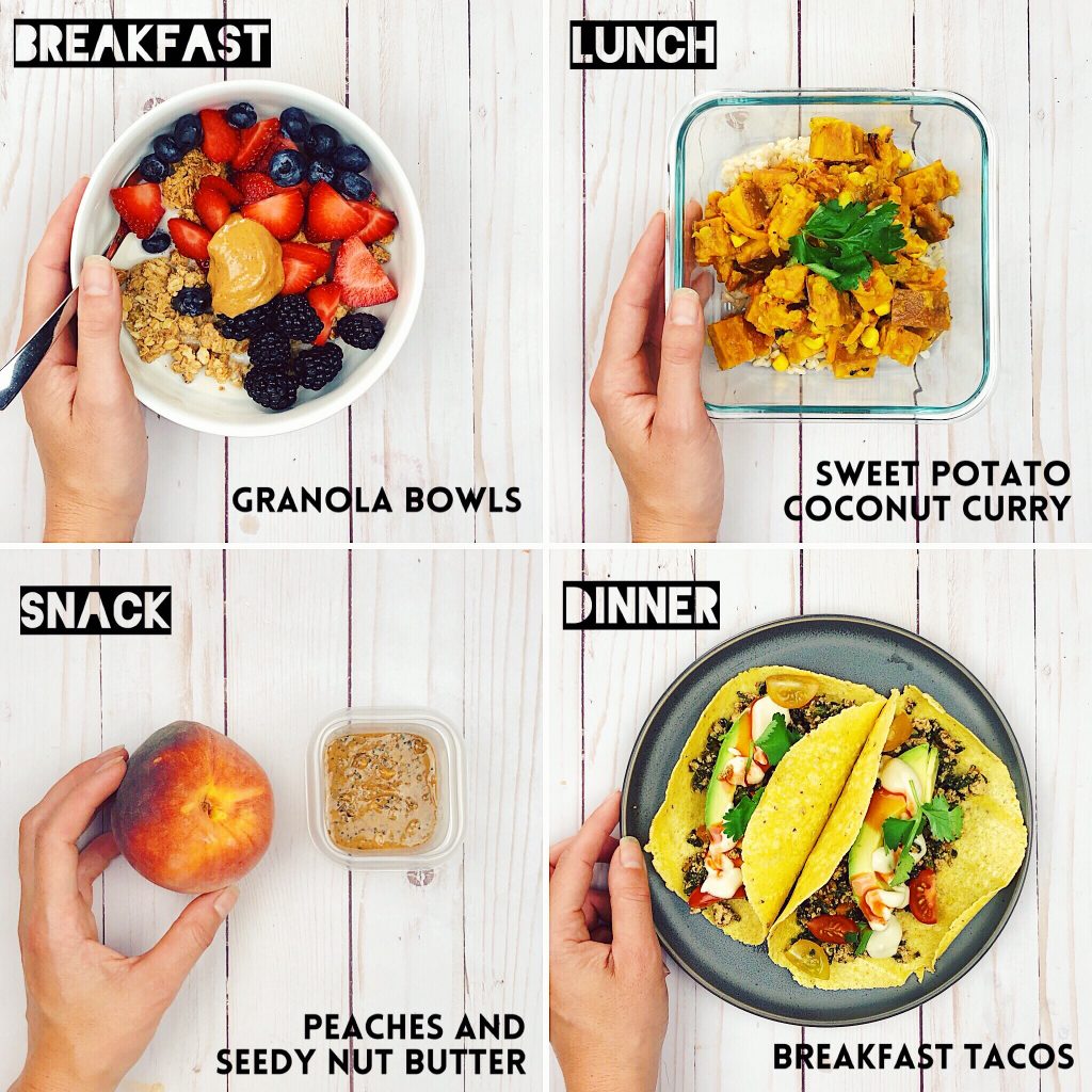 meal prep collage with granola bowls, sweet potato coconut curry, peaches and nut butter and tofu scramble tacos