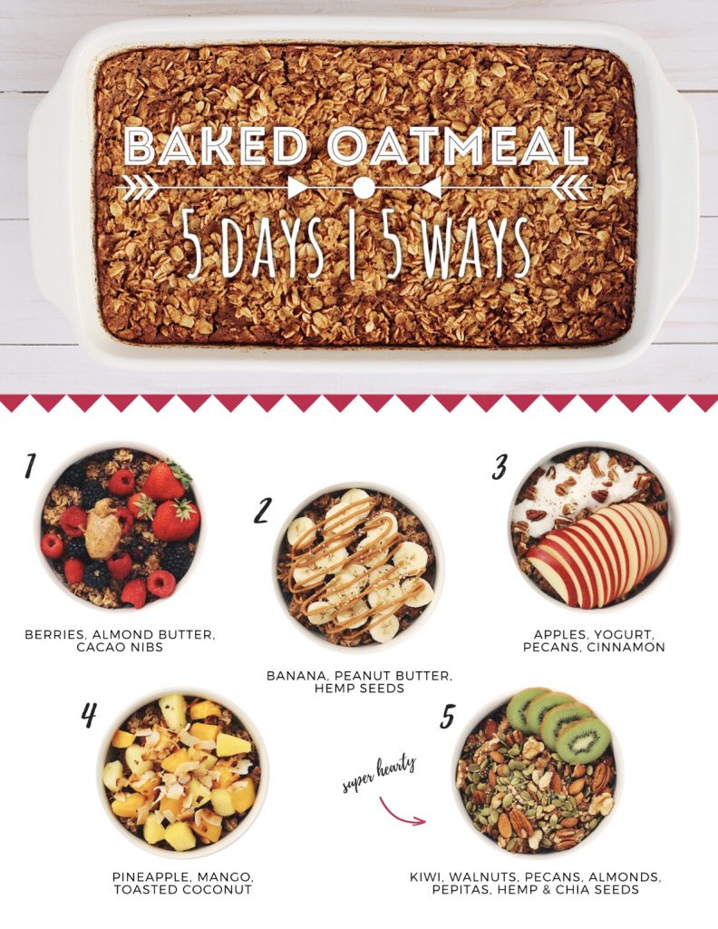 bake oatmeal with five different ways you can make it in bowls with words