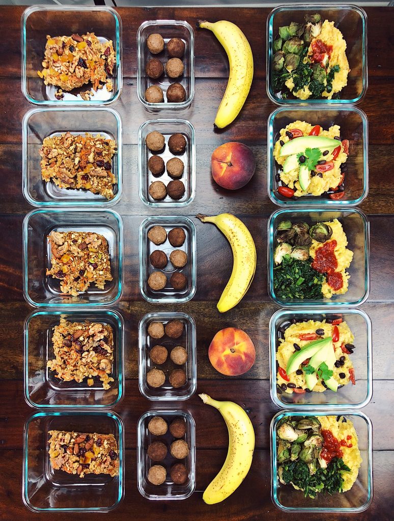 Meal Prep featuring carrot caked baked oatmeal and vanilla cinnamon bites and polenta bowls