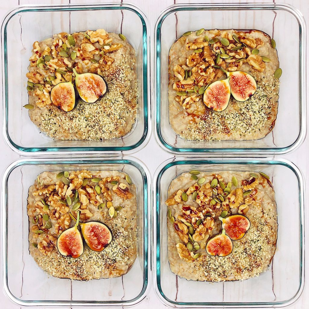 Banana Bread Oatmeal meal prep with figs, walnuts, and hemp seeds in glass meal prep containers