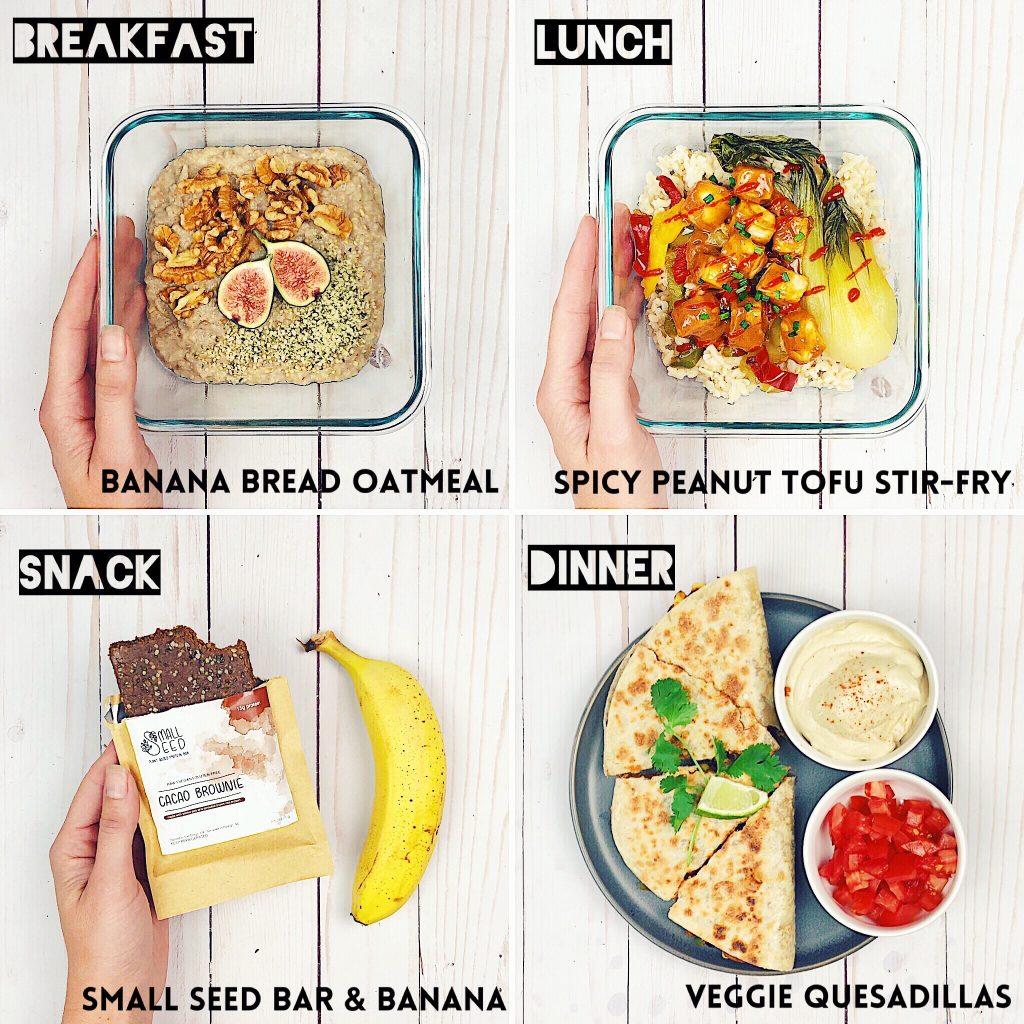 Meal Prep Collage with Banana Bread Oatmeal, Spicy Peanut Tofu with Bok Choy, Small Seed Bar and Banana, and Veggie Quesadillas