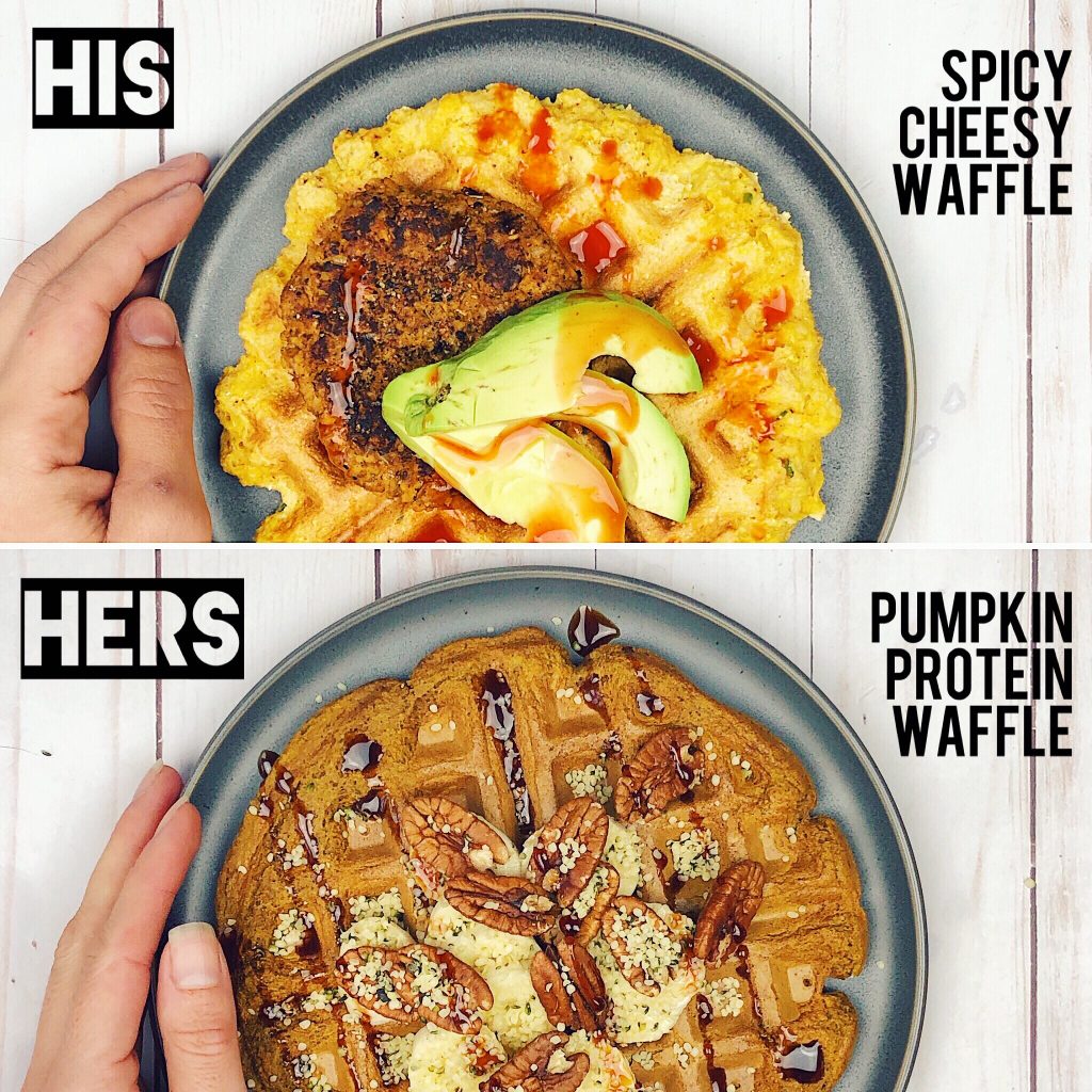 His and Hers Waffle Collage with Cornmeal Waffles and Pumpkin Spice Waffles