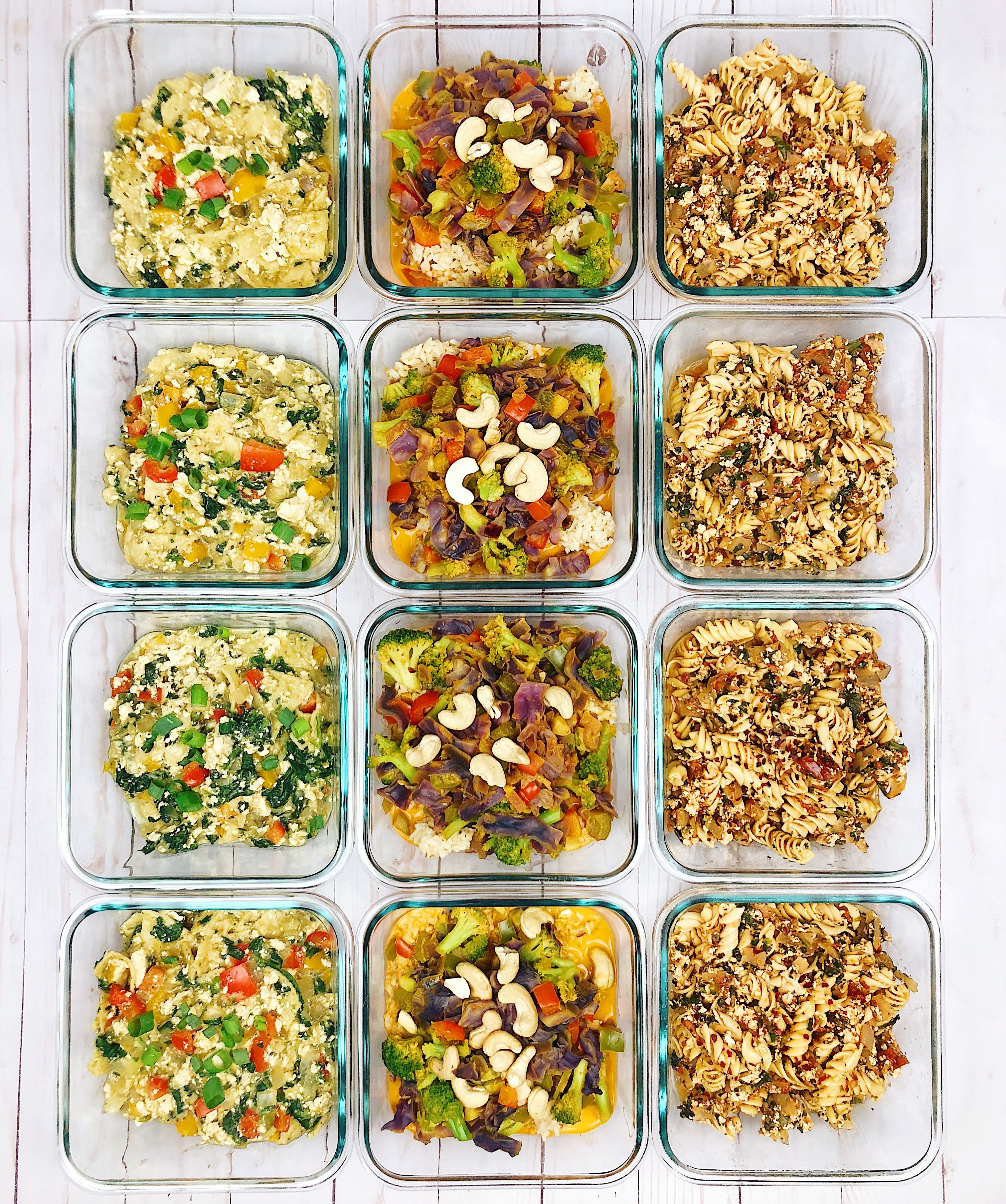 Meal Prep with Tofu Chilaquiles, Yellow Thai Curry, and Chili Mac and Cheese in glass meal prep containers