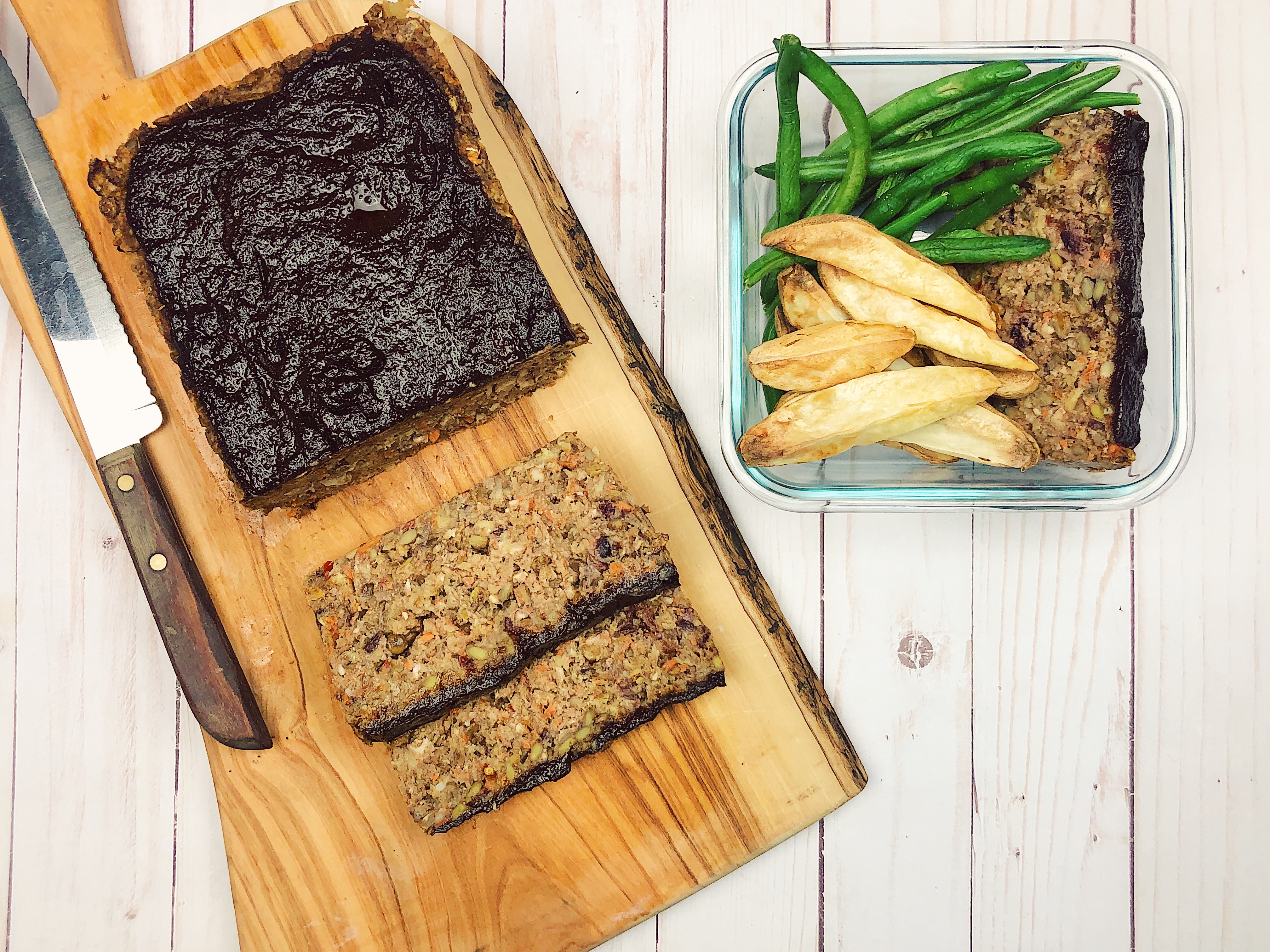 Walnut Lentil Loaf with Green Beans and Potato Wedges