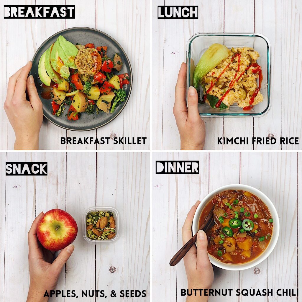 Vegan meal prep ideas with a breakfast skillet, kimchi fried rice, and butternut squash chili