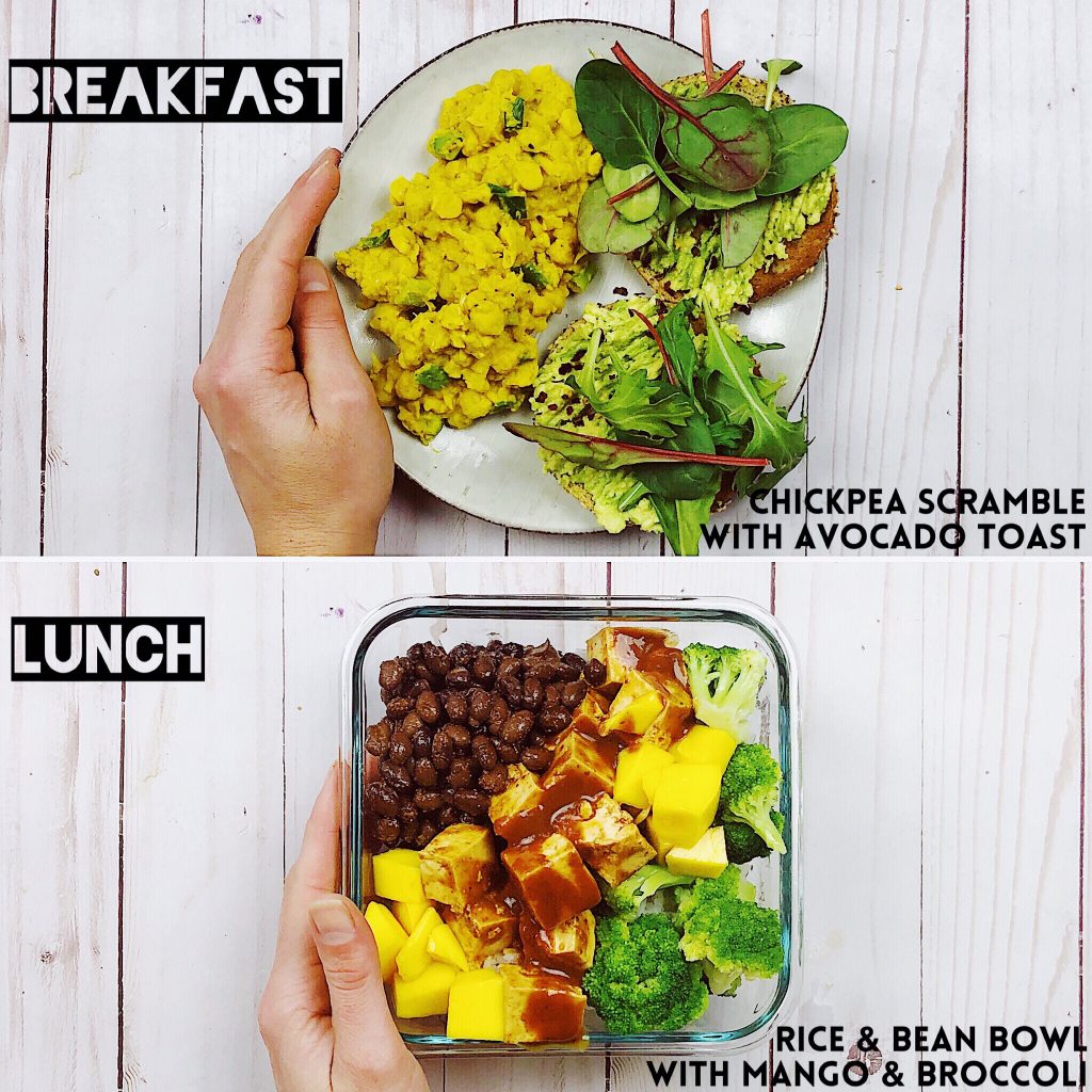 Meal prep ideas with chickpea scramble and rice and bean bowl with tofu and mango